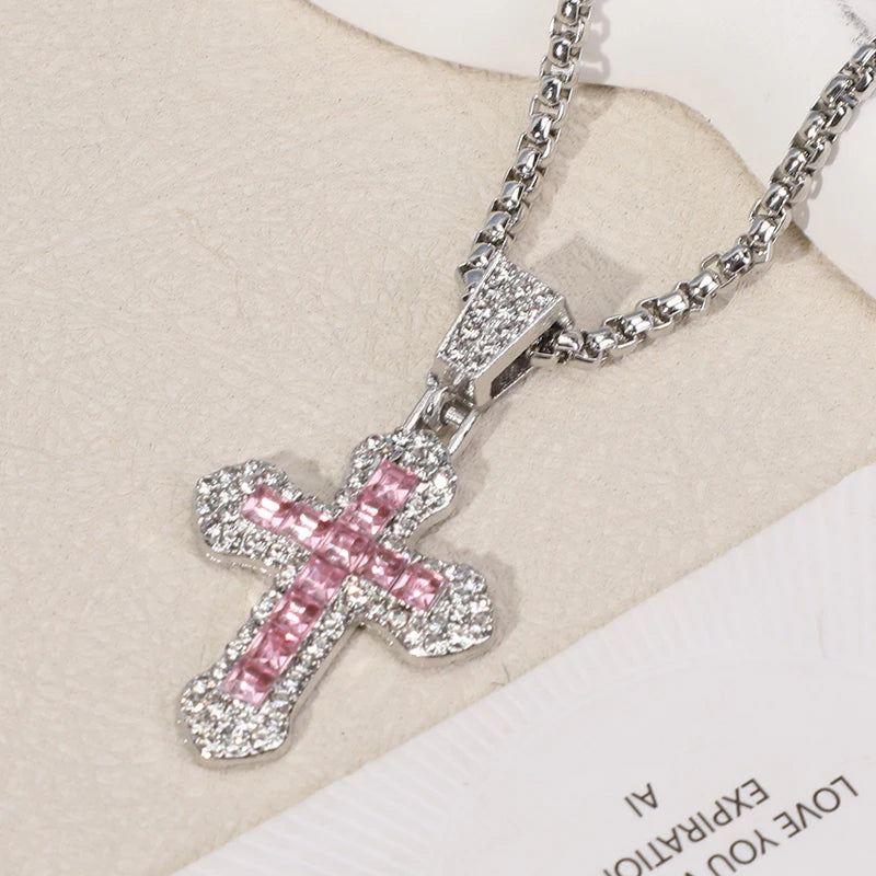 Fashion Rhinestone Cross Pendant Necklace For Men Women Versatile Sweater Chain Hip Hop Cross Necklace Jewelry Accessories Gifts