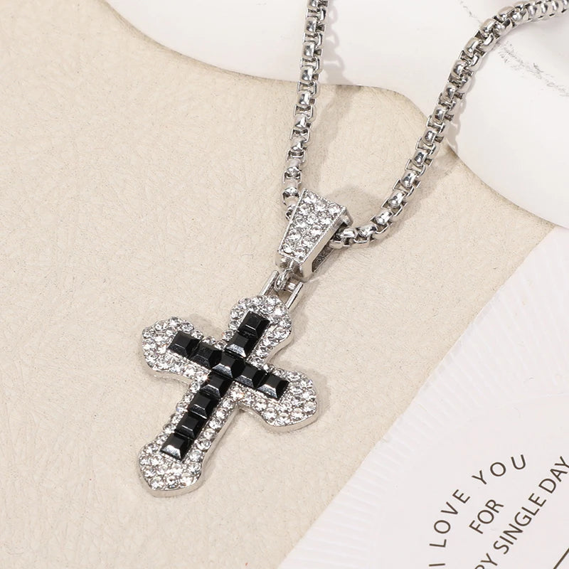 Fashion Rhinestone Cross Pendant Necklace For Men Women Versatile Sweater Chain Hip Hop Cross Necklace Jewelry Accessories Gifts