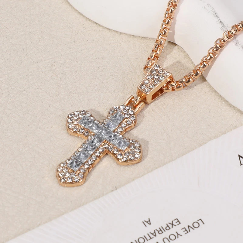 Fashion Rhinestone Cross Pendant Necklace For Men Women Versatile Sweater Chain Hip Hop Cross Necklace Jewelry Accessories Gifts