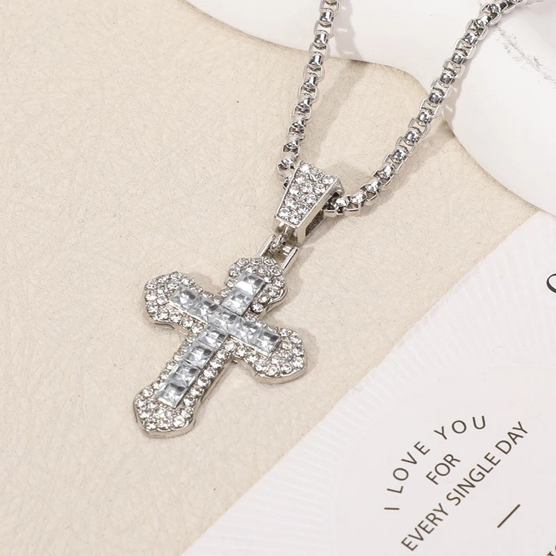 Fashion Rhinestone Cross Pendant Necklace For Men Women Versatile Sweater Chain Hip Hop Cross Necklace Jewelry Accessories Gifts