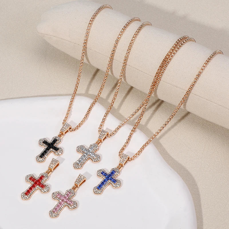 Fashion Rhinestone Cross Pendant Necklace For Men Women Versatile Sweater Chain Hip Hop Cross Necklace Jewelry Accessories Gifts