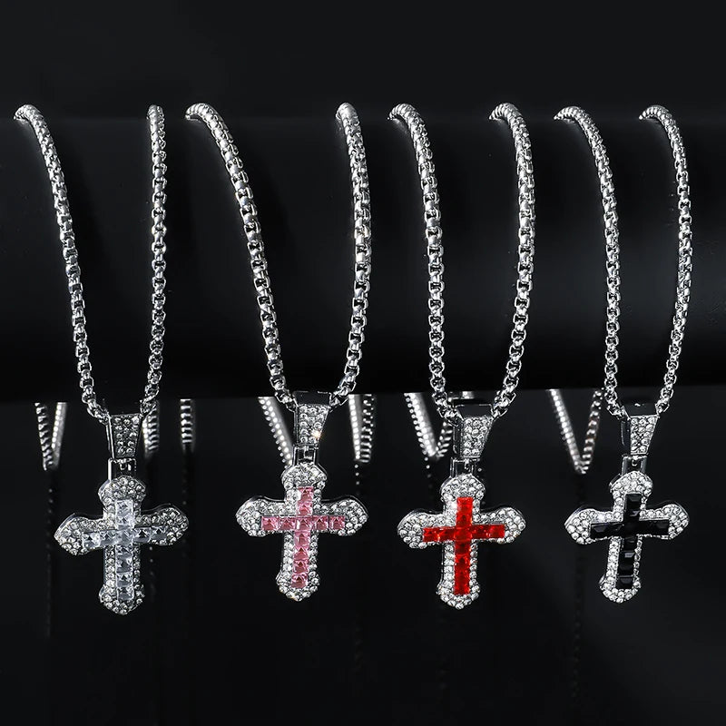 Fashion Rhinestone Cross Pendant Necklace For Men Women Versatile Sweater Chain Hip Hop Cross Necklace Jewelry Accessories Gifts