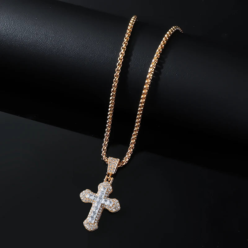 Fashion Rhinestone Cross Pendant Necklace For Men Women Versatile Sweater Chain Hip Hop Cross Necklace Jewelry Accessories Gifts