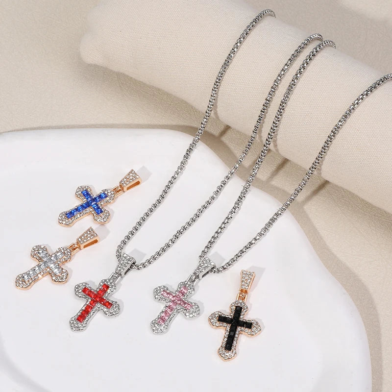 Fashion Rhinestone Cross Pendant Necklace For Men Women Versatile Sweater Chain Hip Hop Cross Necklace Jewelry Accessories Gifts