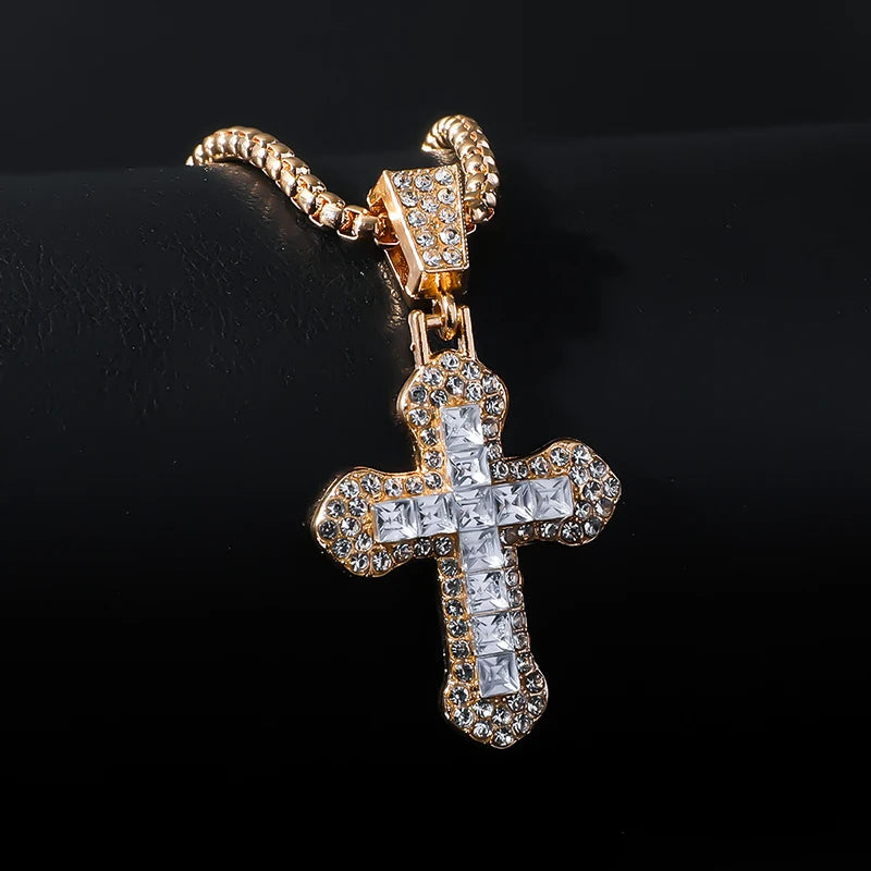 Fashion Rhinestone Cross Pendant Necklace For Men Women Versatile Sweater Chain Hip Hop Cross Necklace Jewelry Accessories Gifts
