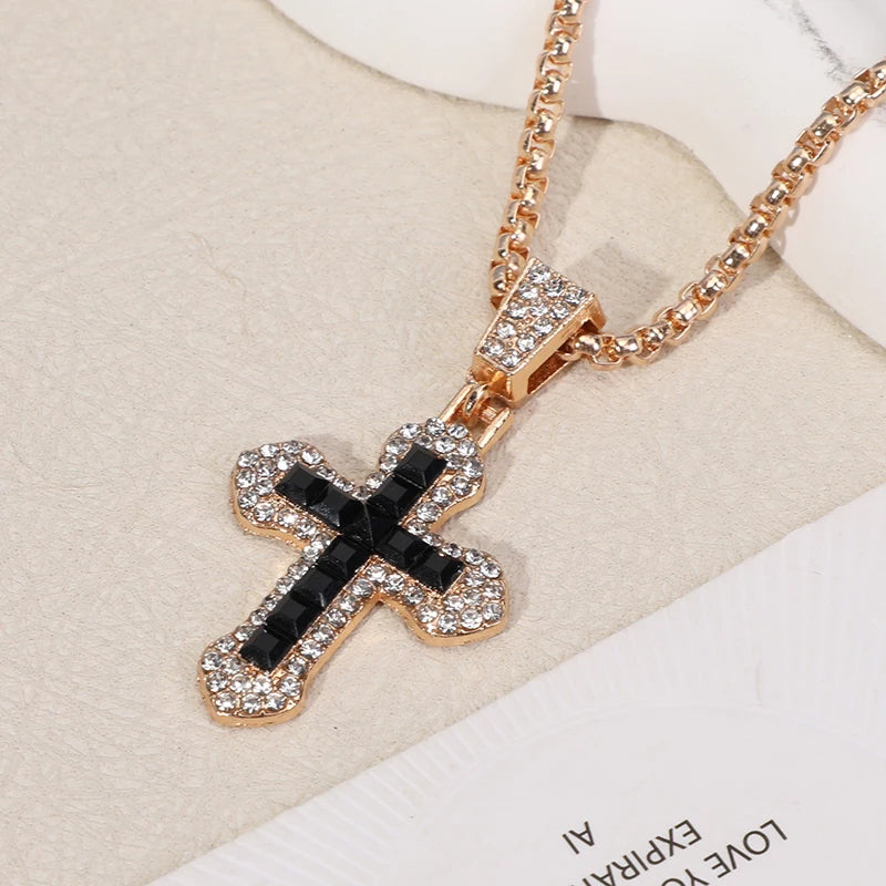 Fashion Rhinestone Cross Pendant Necklace For Men Women Versatile Sweater Chain Hip Hop Cross Necklace Jewelry Accessories Gifts