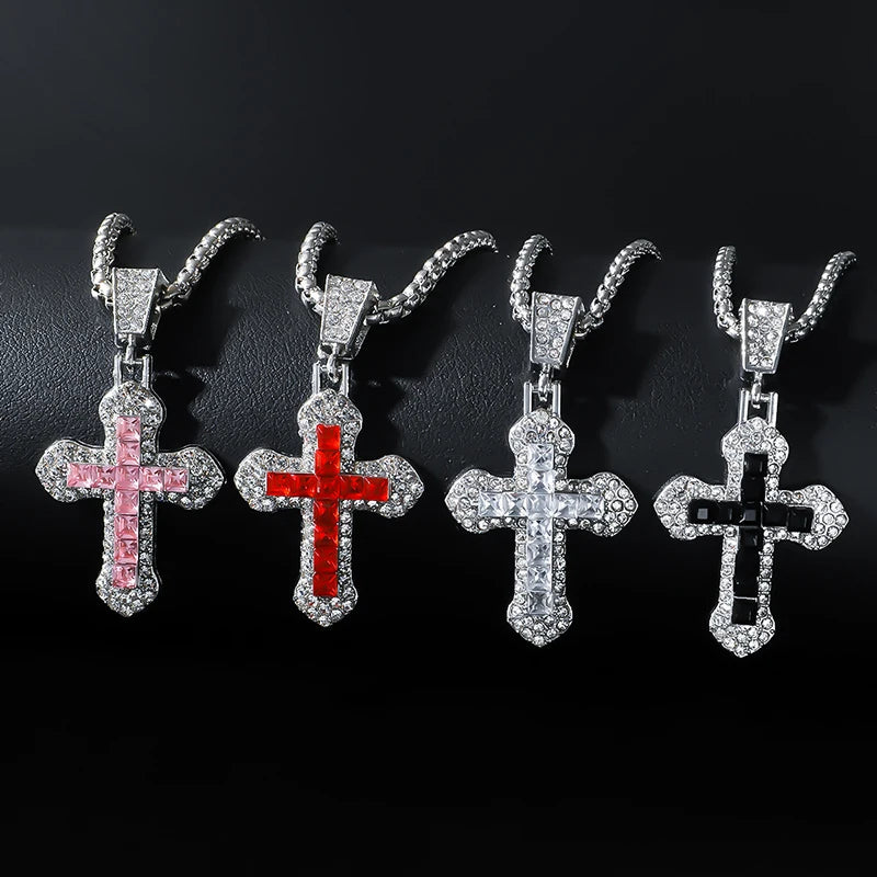 Fashion Rhinestone Cross Pendant Necklace For Men Women Versatile Sweater Chain Hip Hop Cross Necklace Jewelry Accessories Gifts
