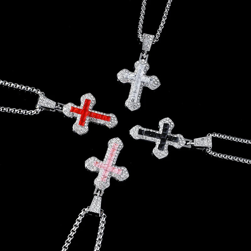 Fashion Rhinestone Cross Pendant Necklace For Men Women Versatile Sweater Chain Hip Hop Cross Necklace Jewelry Accessories Gifts