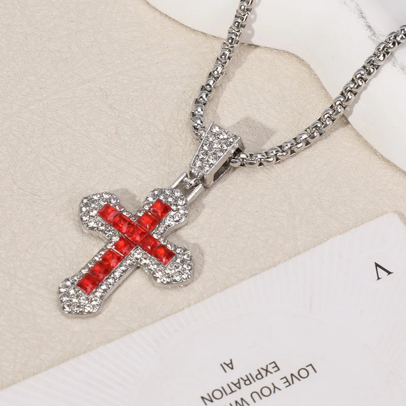 Fashion Rhinestone Cross Pendant Necklace For Men Women Versatile Sweater Chain Hip Hop Cross Necklace Jewelry Accessories Gifts