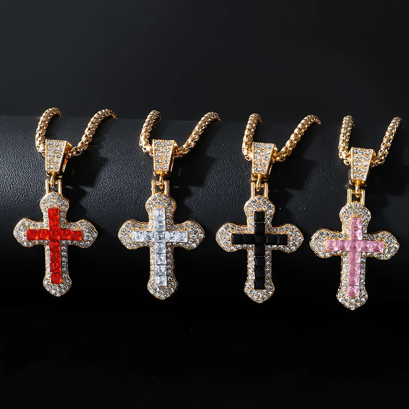 Fashion Rhinestone Cross Pendant Necklace For Men Women Versatile Sweater Chain Hip Hop Cross Necklace Jewelry Accessories Gifts