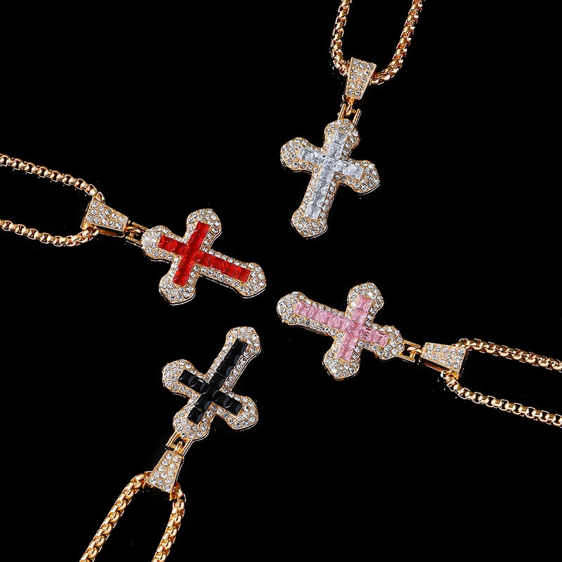 Fashion Rhinestone Cross Pendant Necklace For Men Women Versatile Sweater Chain Hip Hop Cross Necklace Jewelry Accessories Gifts