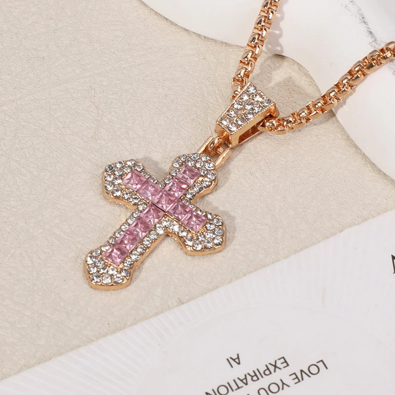 Fashion Rhinestone Cross Pendant Necklace For Men Women Versatile Sweater Chain Hip Hop Cross Necklace Jewelry Accessories Gifts