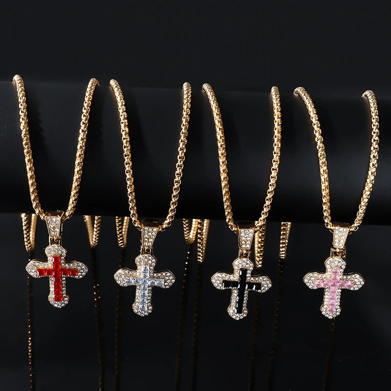 Fashion Rhinestone Cross Pendant Necklace For Men Women Versatile Sweater Chain Hip Hop Cross Necklace Jewelry Accessories Gifts