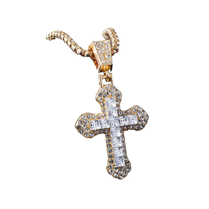 Fashion Rhinestone Cross Pendant Necklace For Men Women Versatile Sweater Chain Hip Hop Cross Necklace Jewelry Accessories Gifts