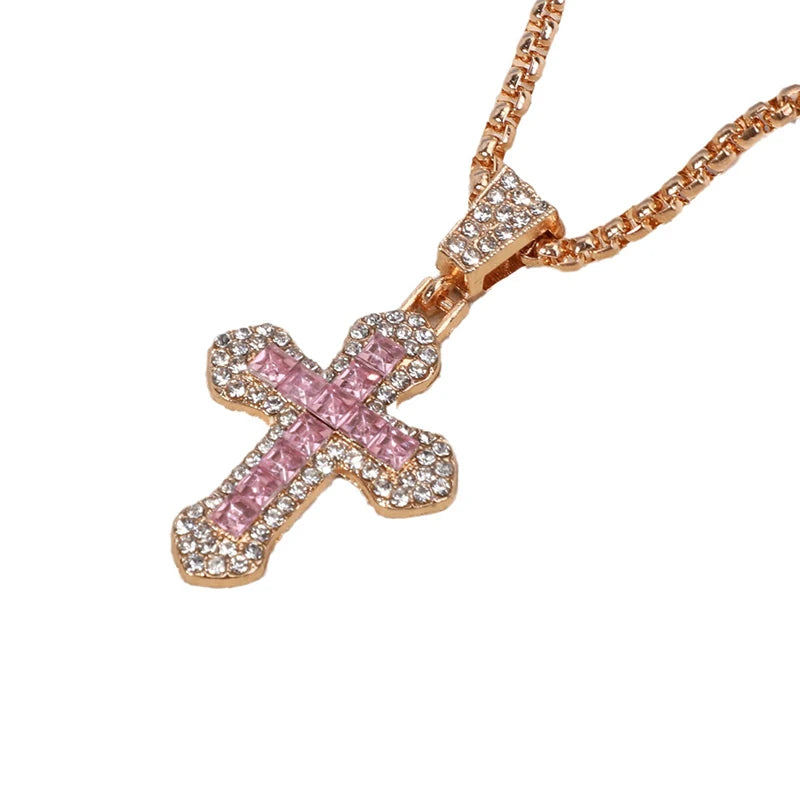 Fashion Rhinestone Cross Pendant Necklace For Men Women Versatile Sweater Chain Hip Hop Cross Necklace Jewelry Accessories Gifts